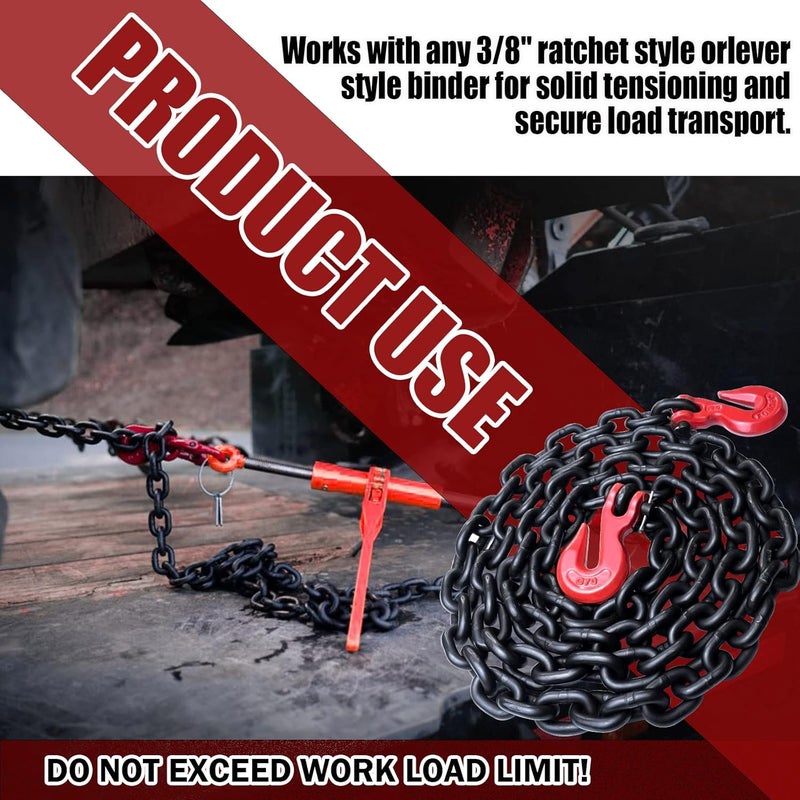 FITHOIST G80 Transport Binder Chain 3/8 Inch x 10 Foot | Tow Chain with Clevis Grab Hooks | 7,100 lbs Safe Working Load | Heavy Duty Chain for Transporting Towing (3/8'' x 10FT (Black)) - Image 2